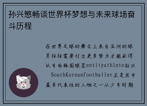 孙兴慜畅谈世界杯梦想与未来球场奋斗历程