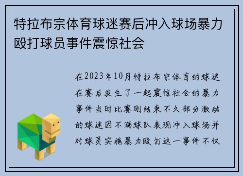 特拉布宗体育球迷赛后冲入球场暴力殴打球员事件震惊社会