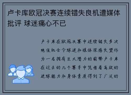 卢卡库欧冠决赛连续错失良机遭媒体批评 球迷痛心不已